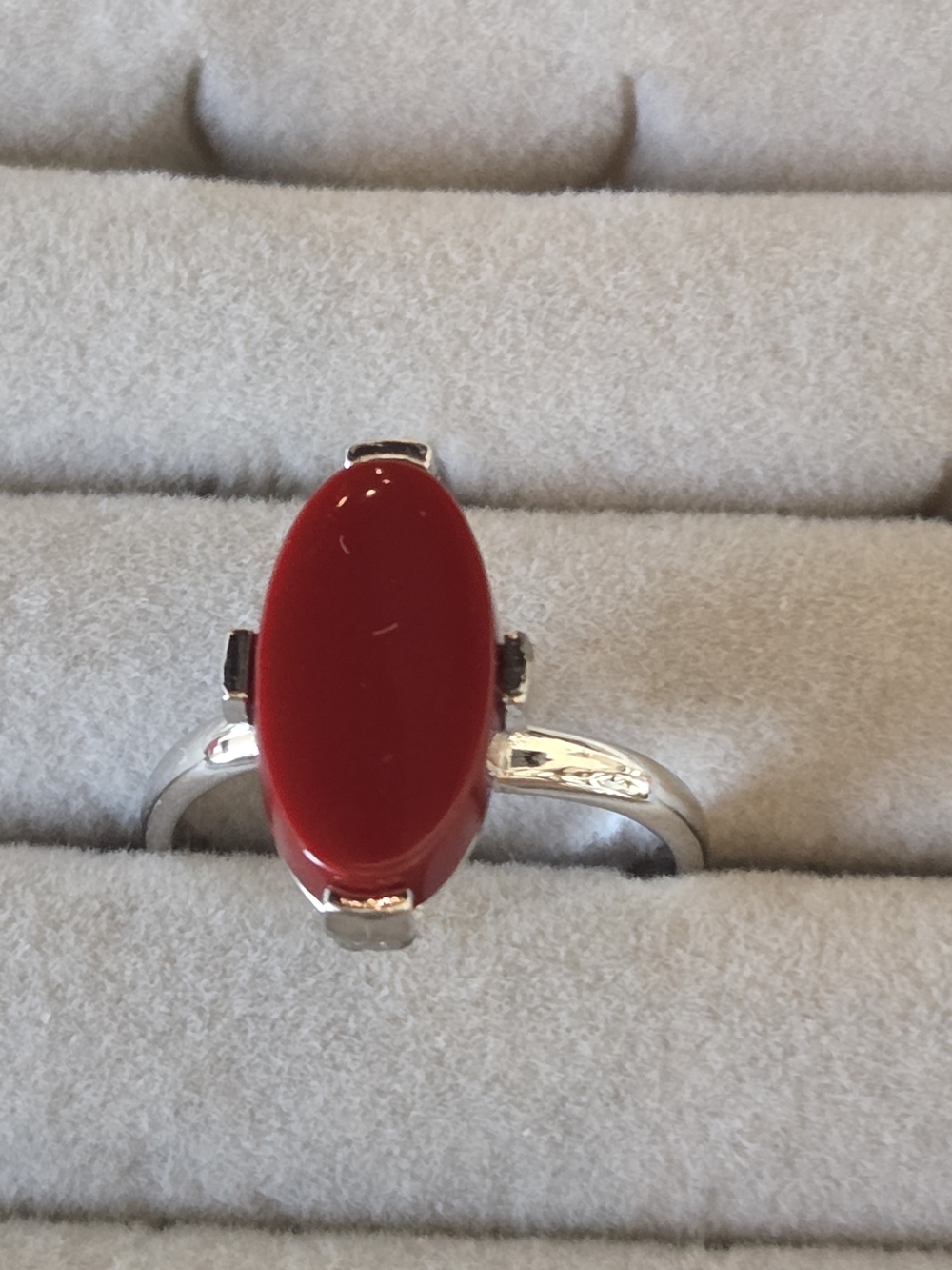 Vintage Sarah Coventry Red Cabochon Ring | Silver Tone Marquise Oval Adjustable